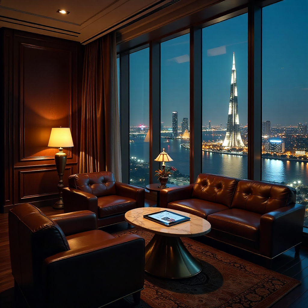 Interior of a premium luxury lounge in a Cairo skyscraper, panoramic window view of the Nile River and Cairo Tower at night, atmosphere of extreme wealth, a tablet on a marble table showing 888starz dashboard, warm ambient lighting, hyper-realistic.